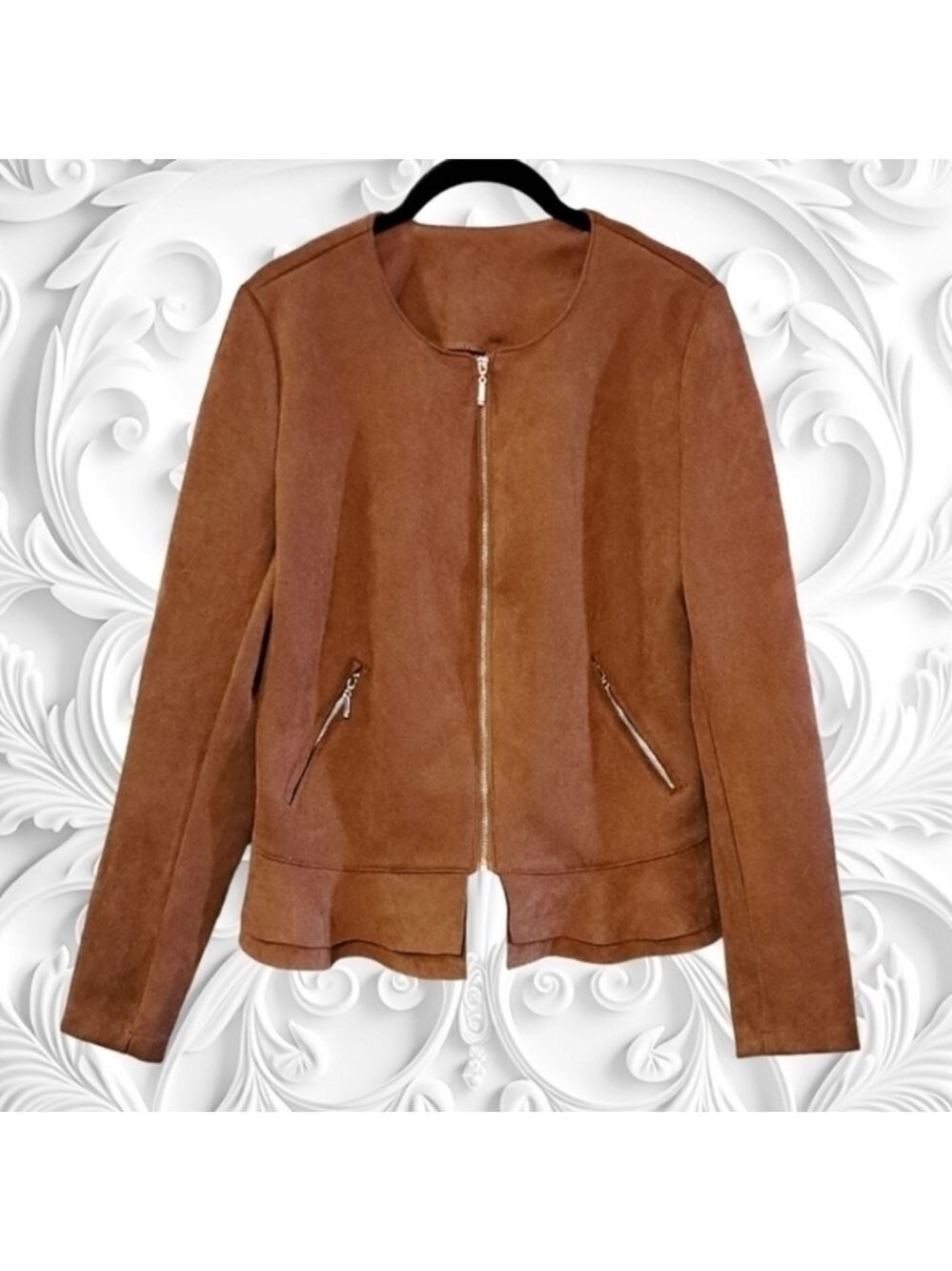 Anthropologie Love Scarlett Brown Faux Suede Peplum Zip Up Long Sleeve Jacket